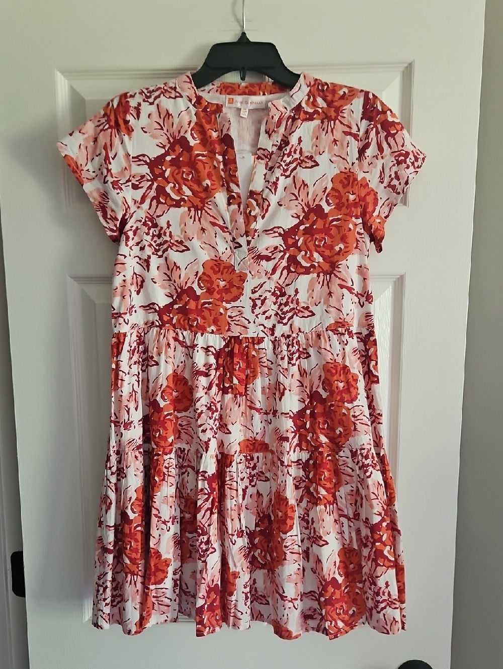 Jude Connally V-neck Short Sleeve Tiered Mini Cotton Dress: Painted Blooms Red